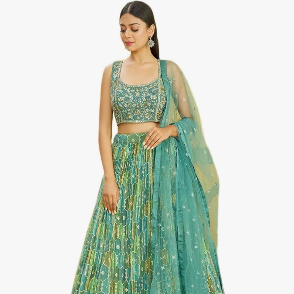 Turquoise Ombre Lehenga Choli Set, Embellished Crop Top with Net Skirt